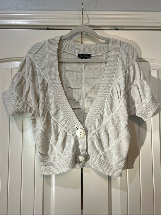 Cartise Sweaters - Colette Cream Short-Sleeve Cropped Buttoned Knit Cardigan Shrug Bolero-Size Med